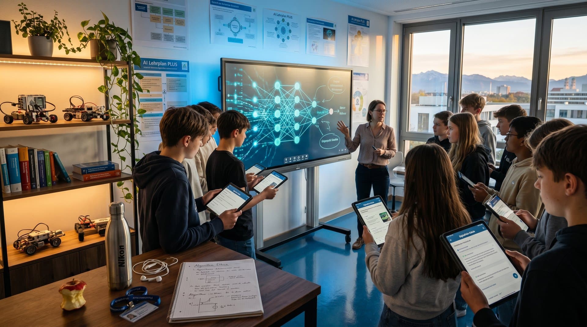 Bayrische Schüler im KI-Informatikunterricht mit Tablets und interaktiver Tafel in München-Gymnasium