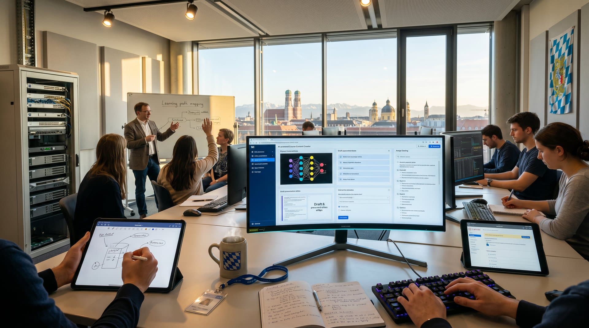 EdTech-Labor mit ASU KI-Kursbaukasten auf Monitor, Münchner Skyline im Hintergrund