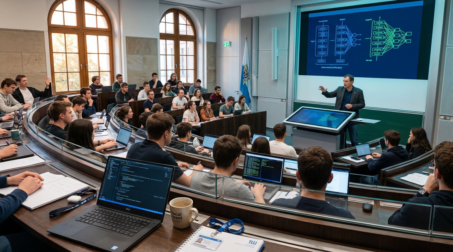 KI-generierter Kursbaukasten in bayerischem Unihörsaal mit digitalen Visualisierungen