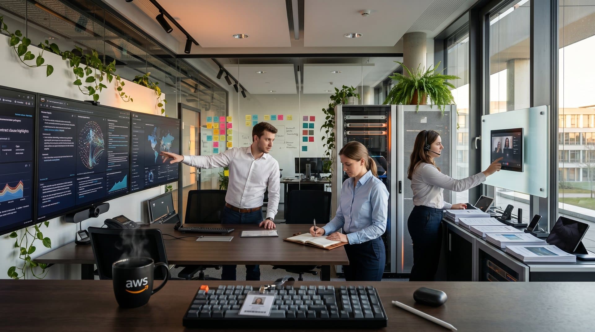 Moderne Tech-Szene mit AWS- und PwC-Dashboards zur Vertragsanalyse in Münchner Bildungslabor