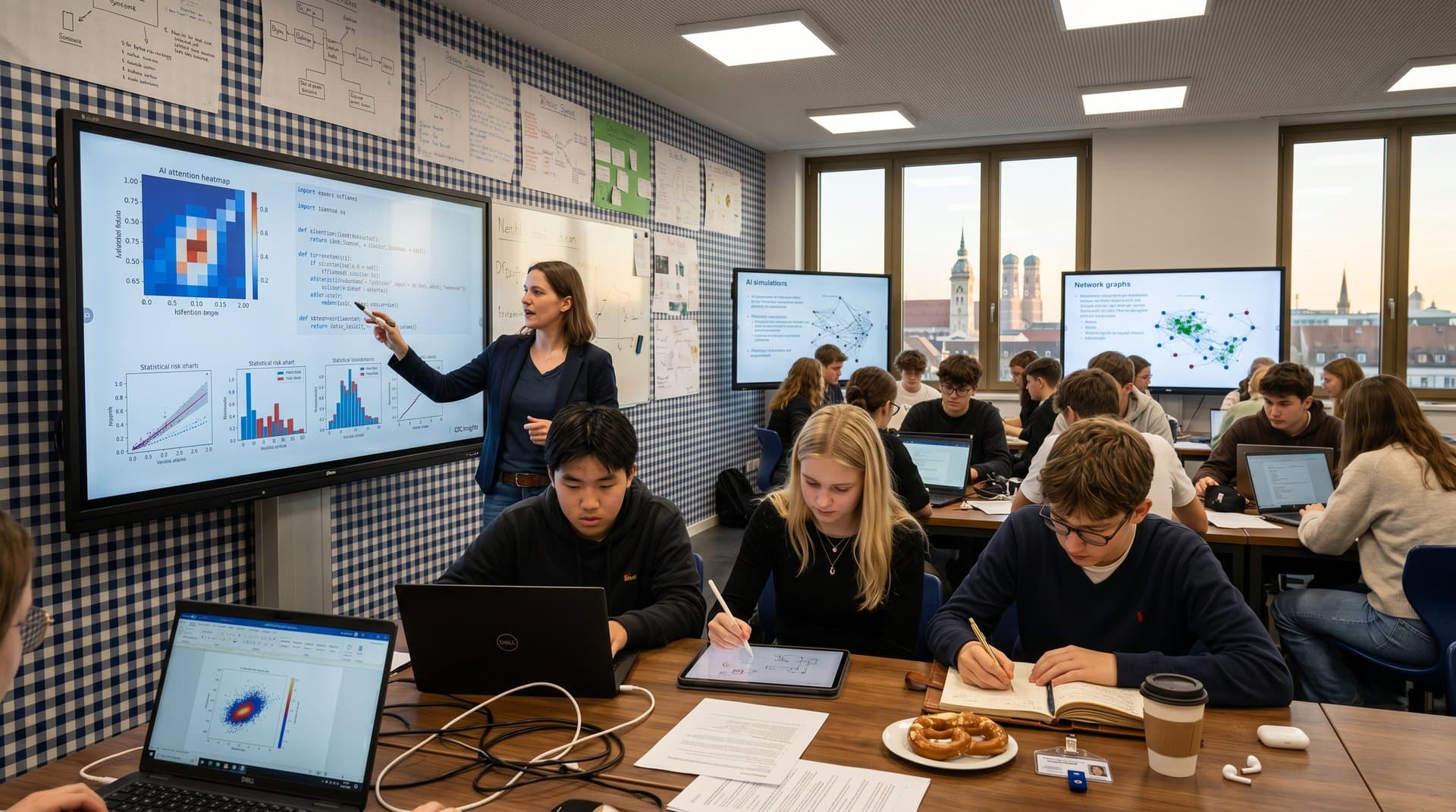 Lehrerin und Schüler im Münchner Gymnasium-Klassenzimmer mit KI-Tools zu CTC Insights und Risikoanalysen