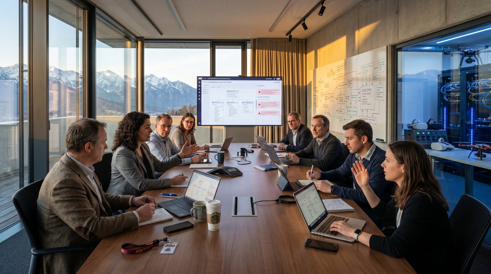 Szene in Konferenzraum: Debatte um ASU KI-Kursbaukasten mit Bildschirmen, Plänen und EdTech-Elementen