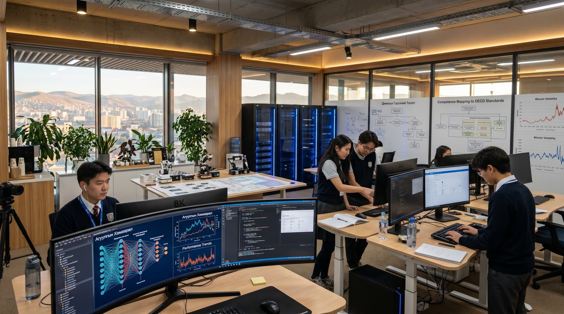 KI-Labor mit neuronalen Netzen, EdTech-Visuals und FinTech-Daten in internationaler Schule