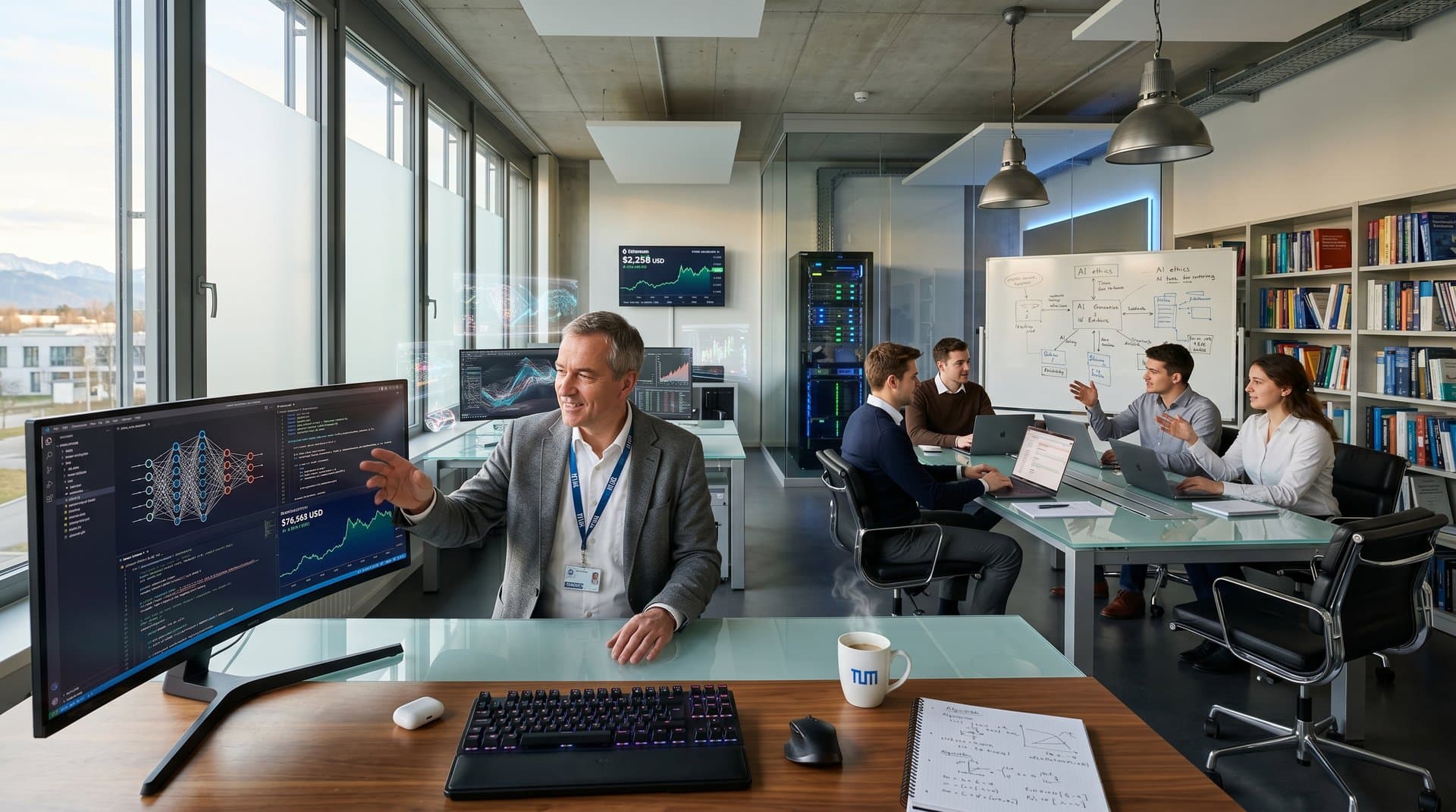 Professor und Studenten im TU München AI-Labor mit Monitoren zu neuronalen Netzen, Krypto-Charts und Code-Editoren bei kollaborativer Arbeit