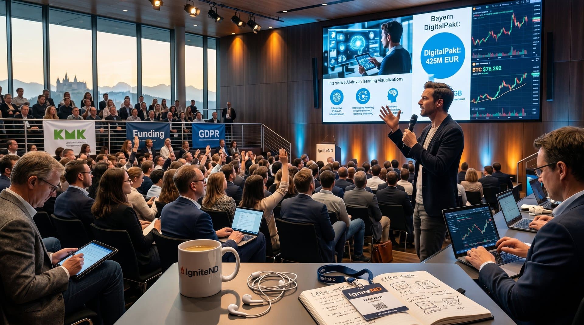 KI-Experten diskutieren Künstliche Intelligenz in der Bildung bei IgniteND 2026 in modernem Auditorium mit Präsentation, Crypto-Charts und bayerischem Publikum