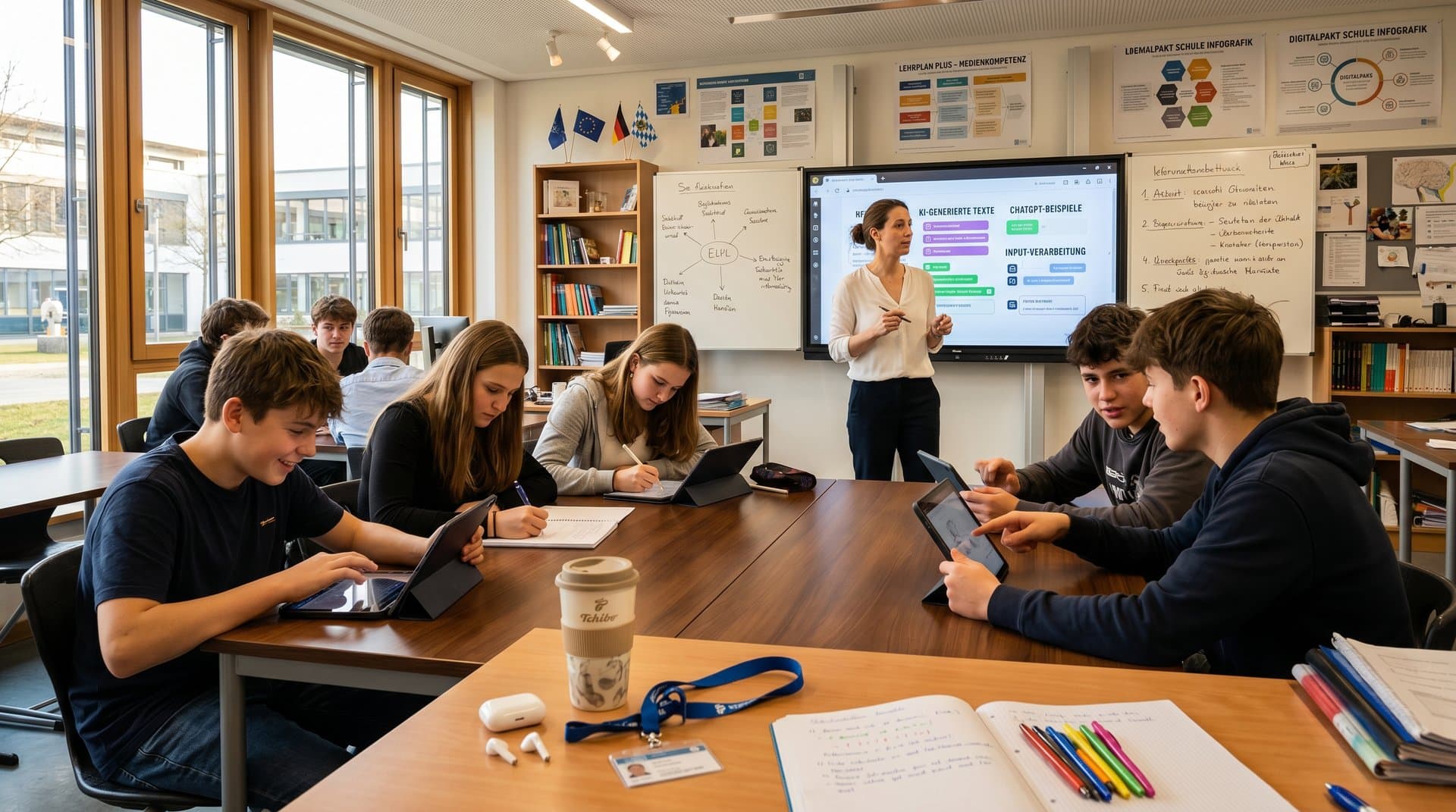 Lehrerin und Schüler in bayerischem Gymnasium integrieren KI im Schreibunterricht mit Tablets und Smartboard