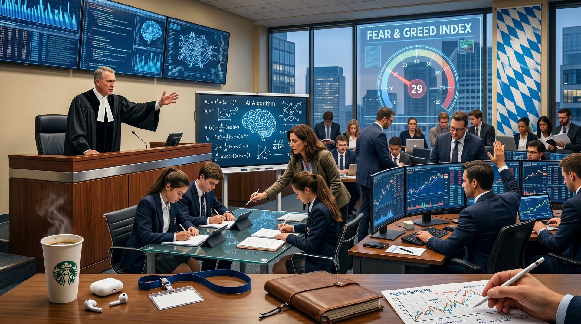 Abstraktes KI-Netzwerk verbindet Richterpult und Münchner Klassenzimmer mit Crypto-Charts und EdTech-Elementen. (82 Zeichen)
