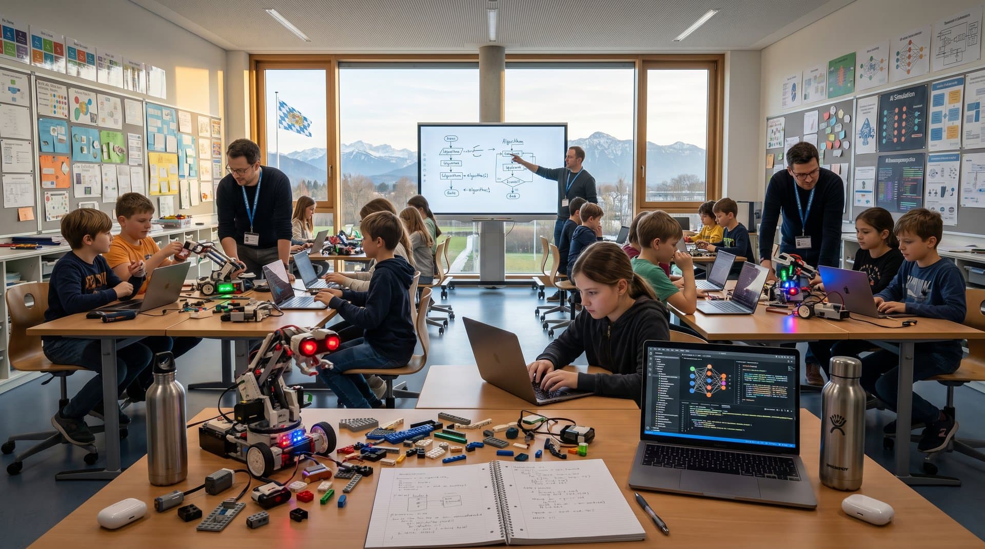 Lehrer bauen LEGO AI-Roboter in Münchner EdTech-Klasse mit Laptops und Alpenblick
