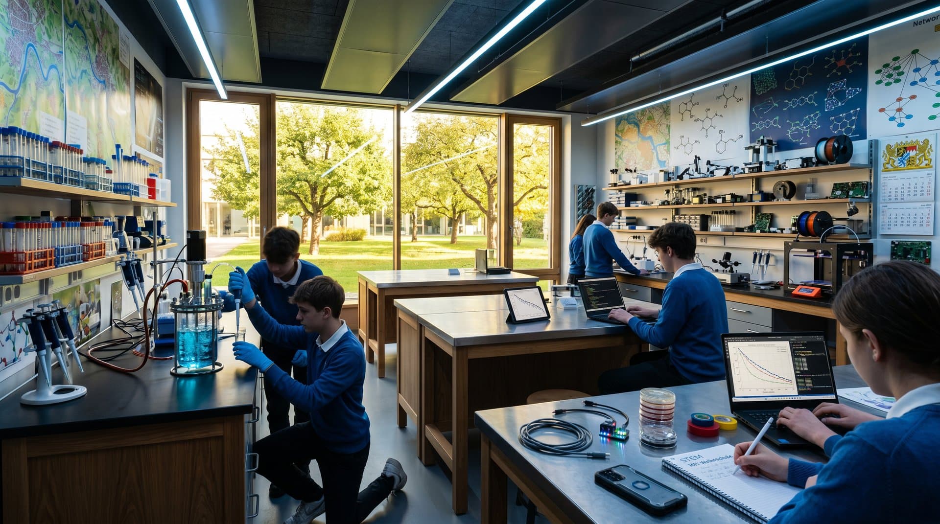 Schüler in Weilerschule München STEM-Labor bauen KI-gestützte Wasserreinigungs-Reaktoren mit Tablets und Sensoren