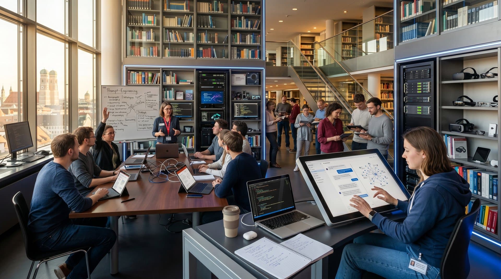 KI-Workshop in Münchner Stadtbibliothek: Schüler und Bürger testen Tools an Terminals mit Bibliothekar-Leitung