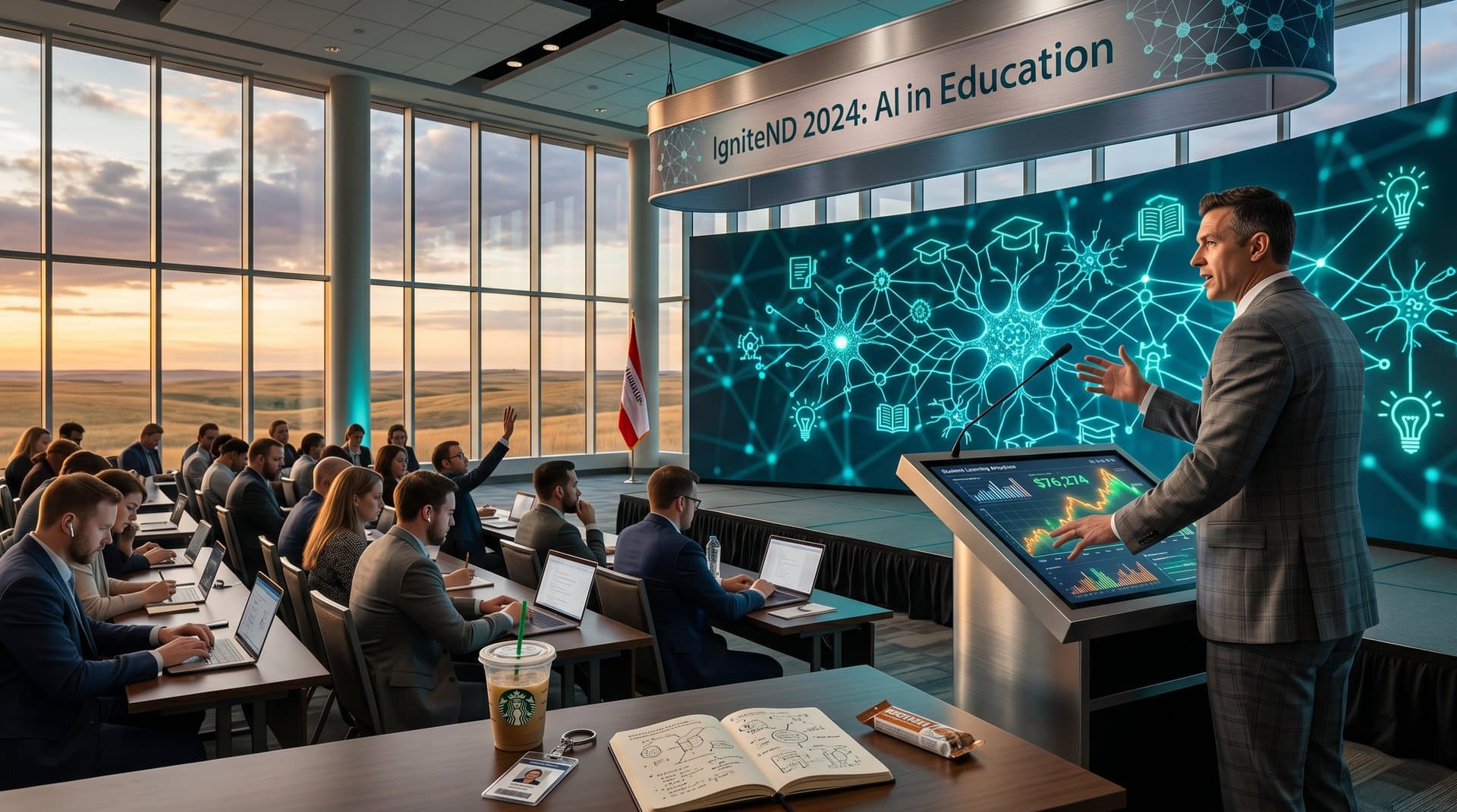 Pädagogen diskutieren KI in Bildung auf LED-Schirm in moderner Halle mit Tech-Equipment und Bayern-Elementen