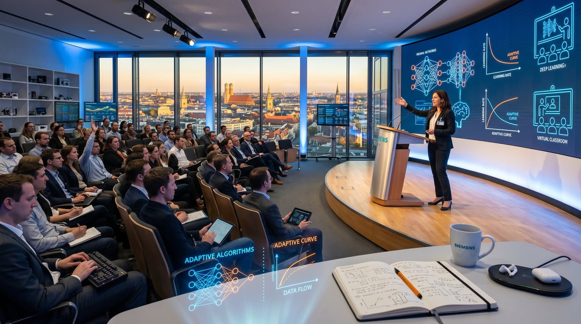 KI-Konferenz-Auditorium mit LED-Screens, Simulationen und High-Tech-Publikum vor Stadtpanorama