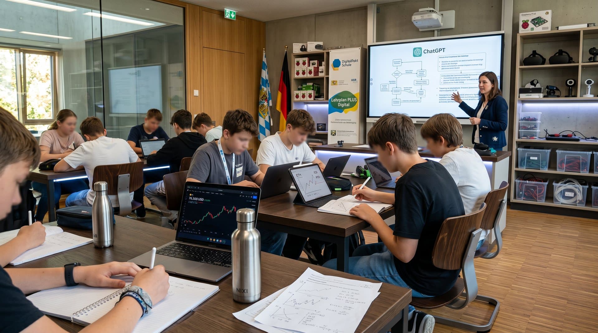 Schüler in bayerischem Klassenzimmer analysieren KI-Krypto-Charts mit BTC und ETH