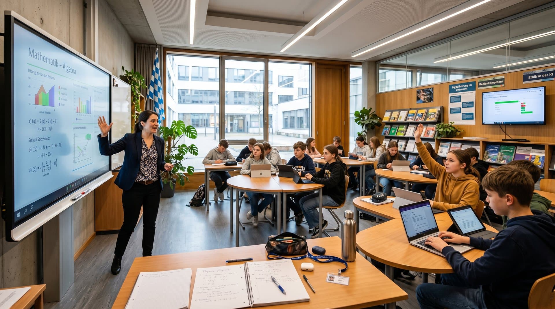 Bayerisches Klassenzimmer mit Schülern und Lehrern bei KI-gestütztem Unterricht an Tablets und Whiteboard