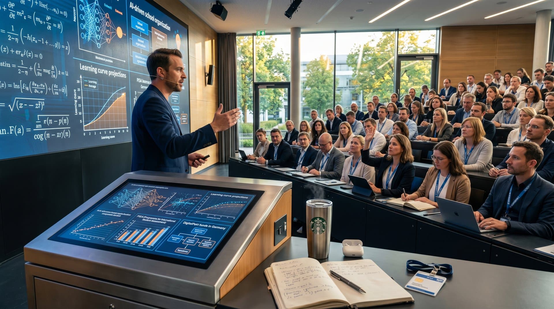 High-Tech-Auditorium mit KI-Präsentation zu Bildung, Publikum und interaktiven Bildschirmen