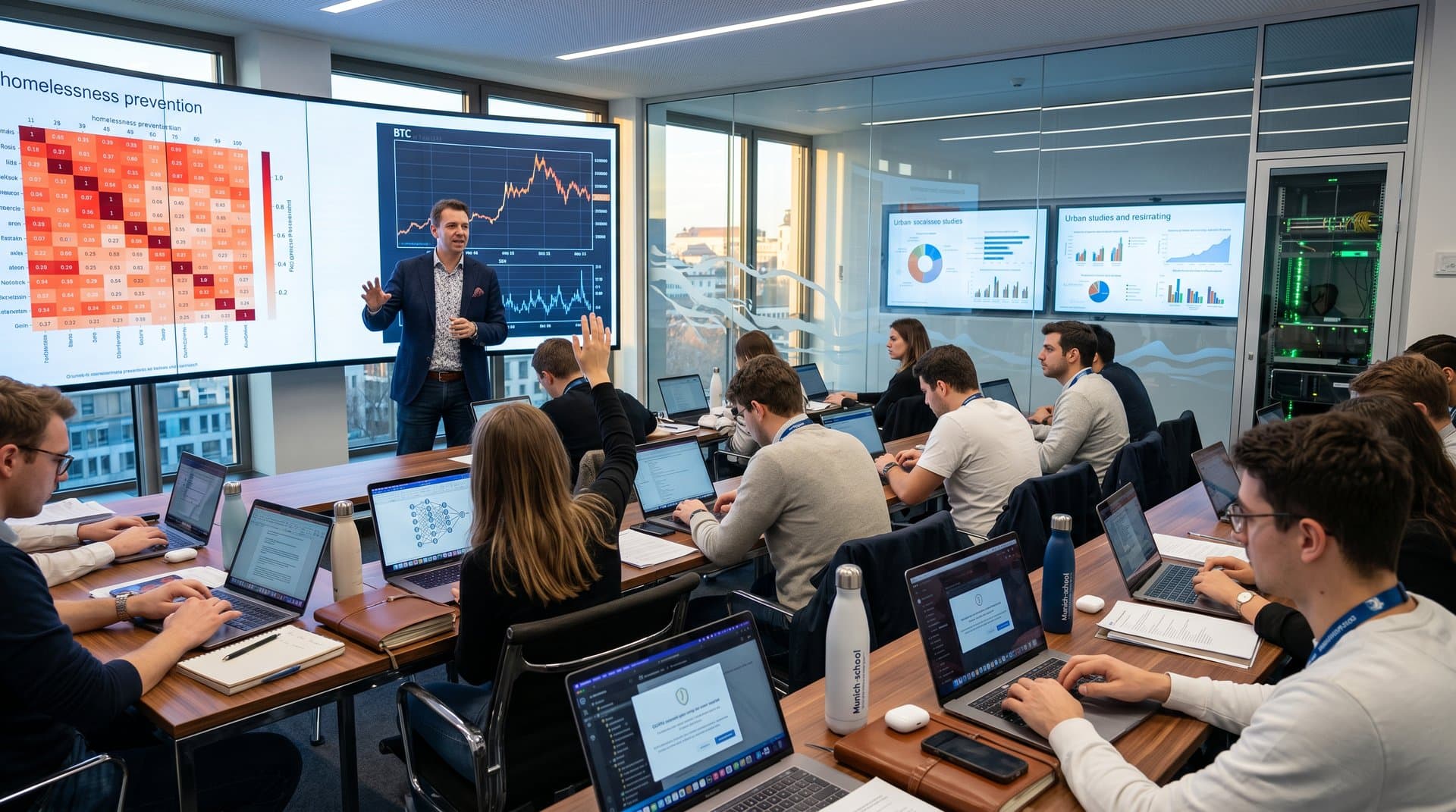 Prädiktive KI-Heatmaps gegen Obdachlosigkeit und BTC-Charts in Münchner Berufsschul-Klassenzimmer