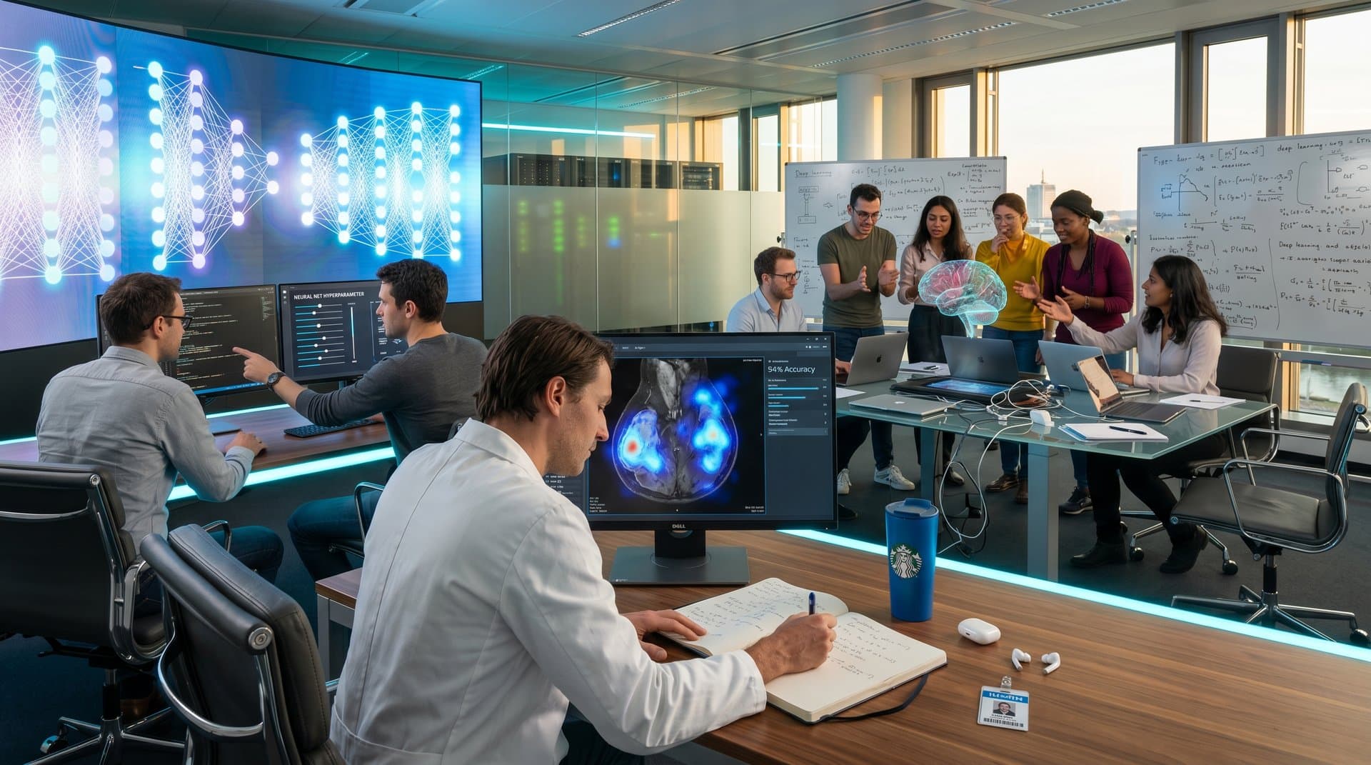 Forscher in modernem TU München KI-Labor analysieren Diagnose-Scans auf Monitoren bei Team-Diskussion vor Serverwänden
