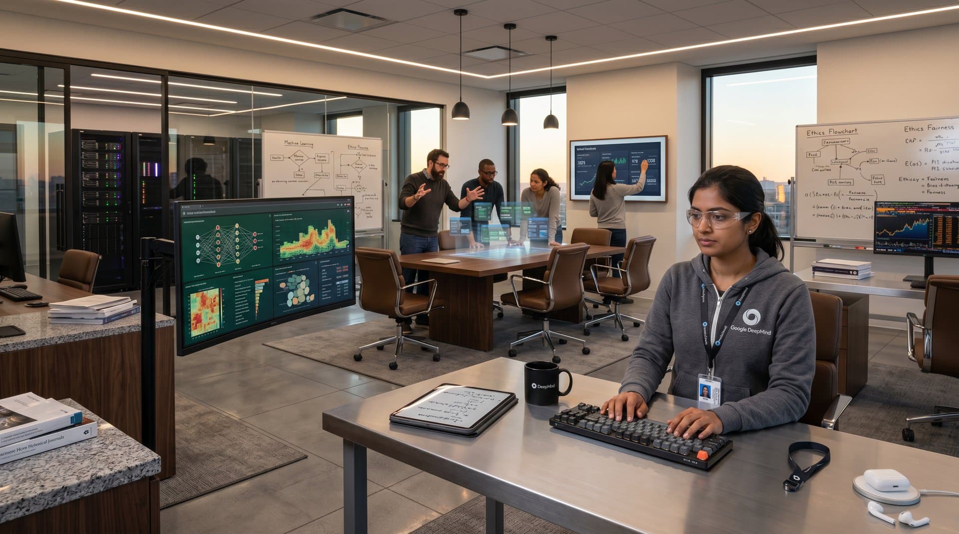 Forscher im Google DeepMind Lab vor Monitoren mit KI-Modellen, Whiteboards und Team-Diskussionen in modernem Raum
