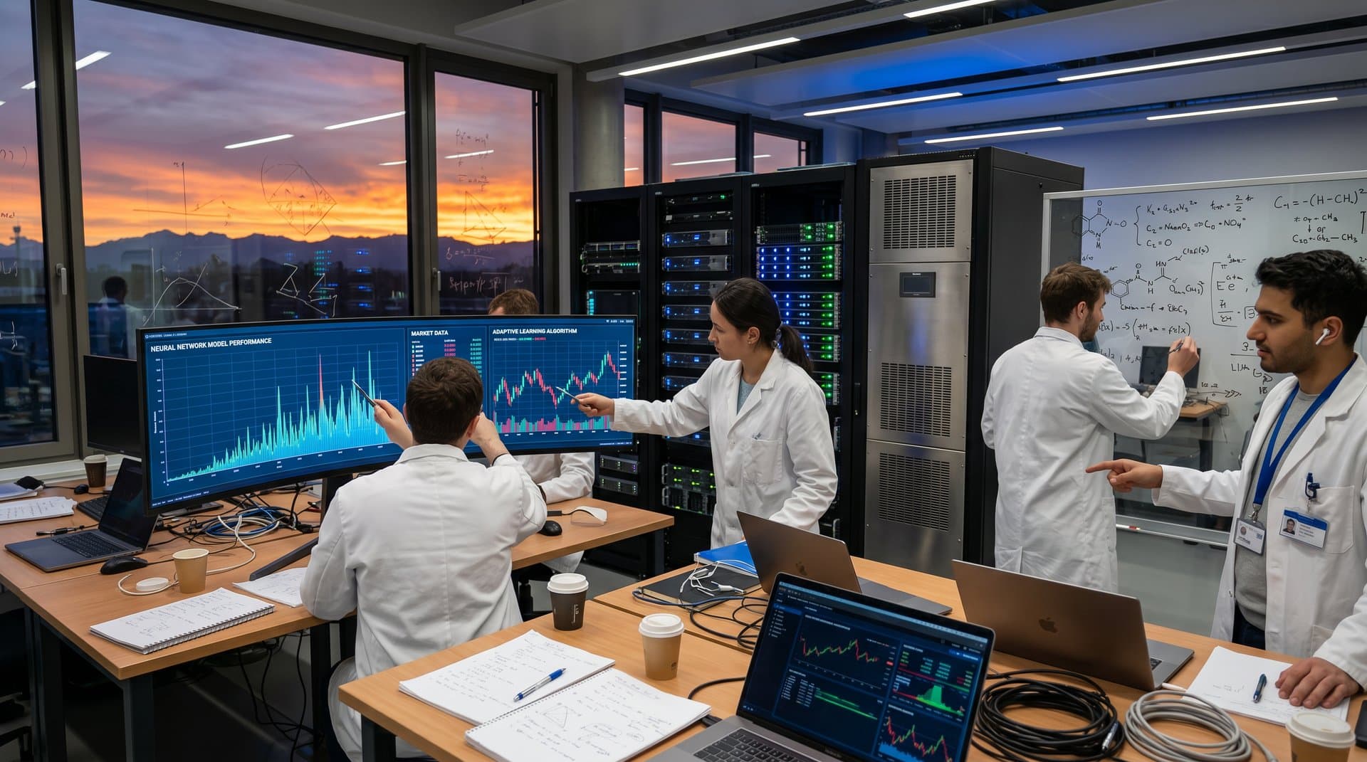 KI-Labor an der TUM München: Forscher vor Monitoren mit Bildungs- und Finanz-KI-Visuals in modernem Glas- und LED-Design