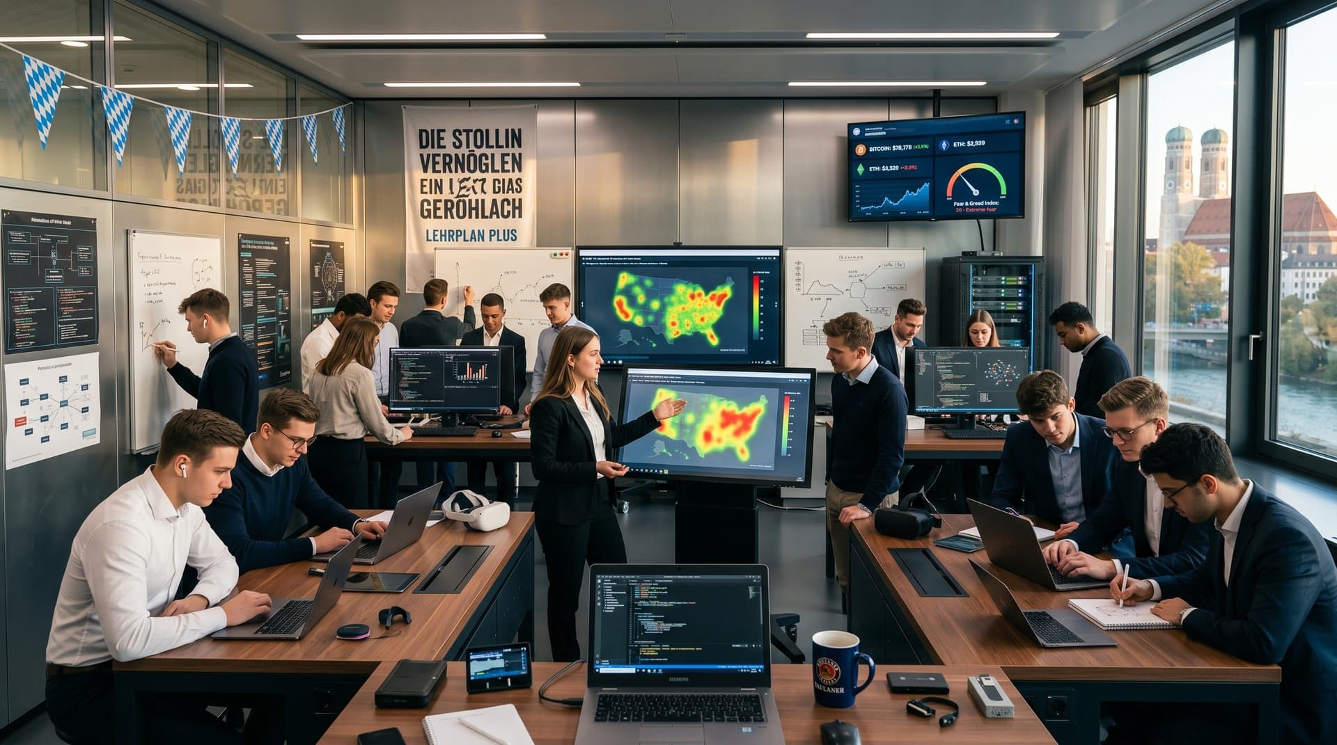 Schüler in Münchner Berufsschule analysieren KI-Modelle gegen Obdachlosigkeit mit Finanzdaten auf Monitoren