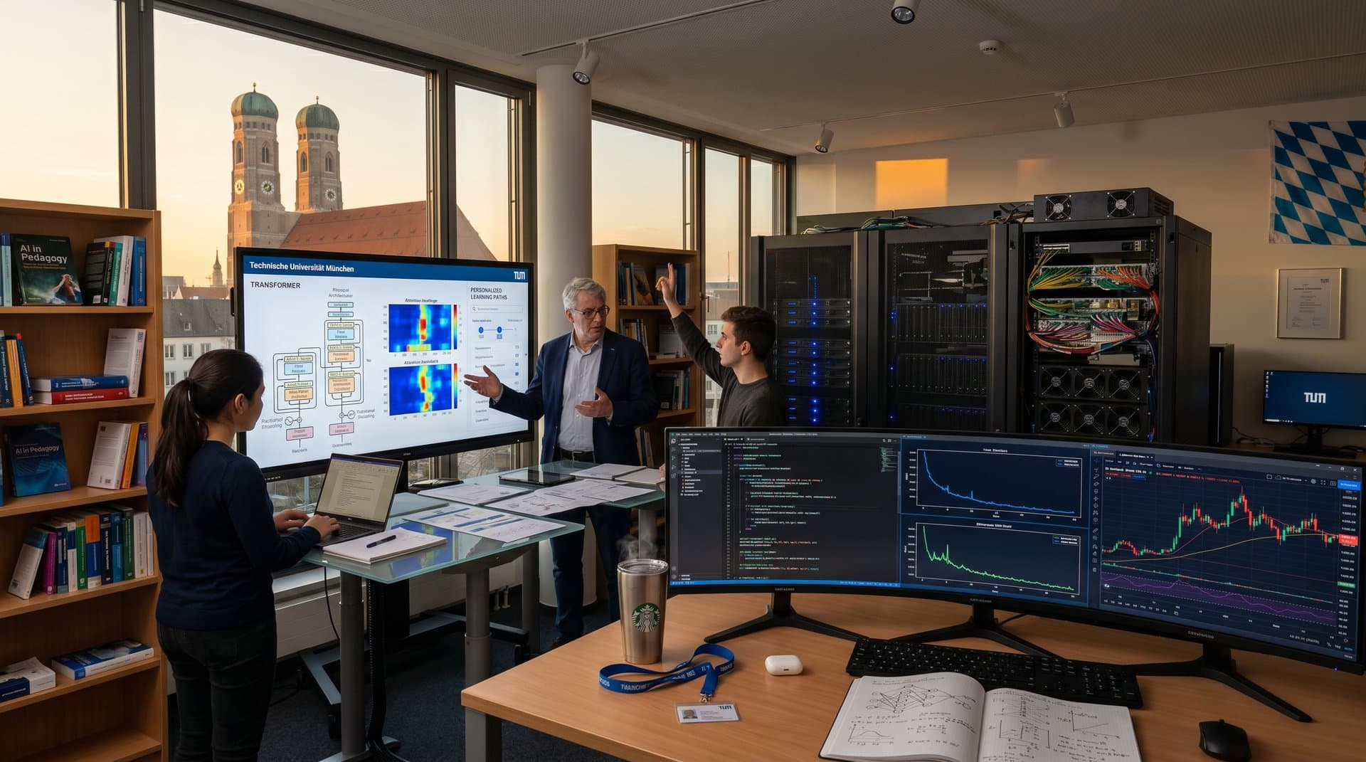 KI-Labor TUM München: Monitore mit Code, Touchscreens mit Algorithmen, Server-Racks und Stadtpanorama