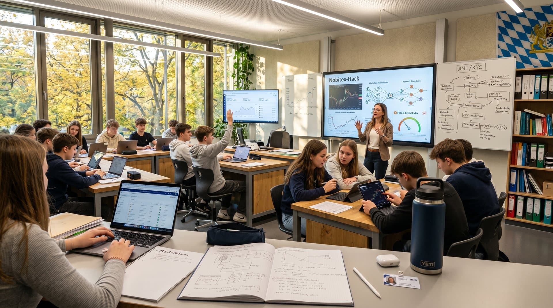 Münchner Klassenzimmer mit Blockchain-Ethik-Visuals, Monitoren und Compliance-Materialien