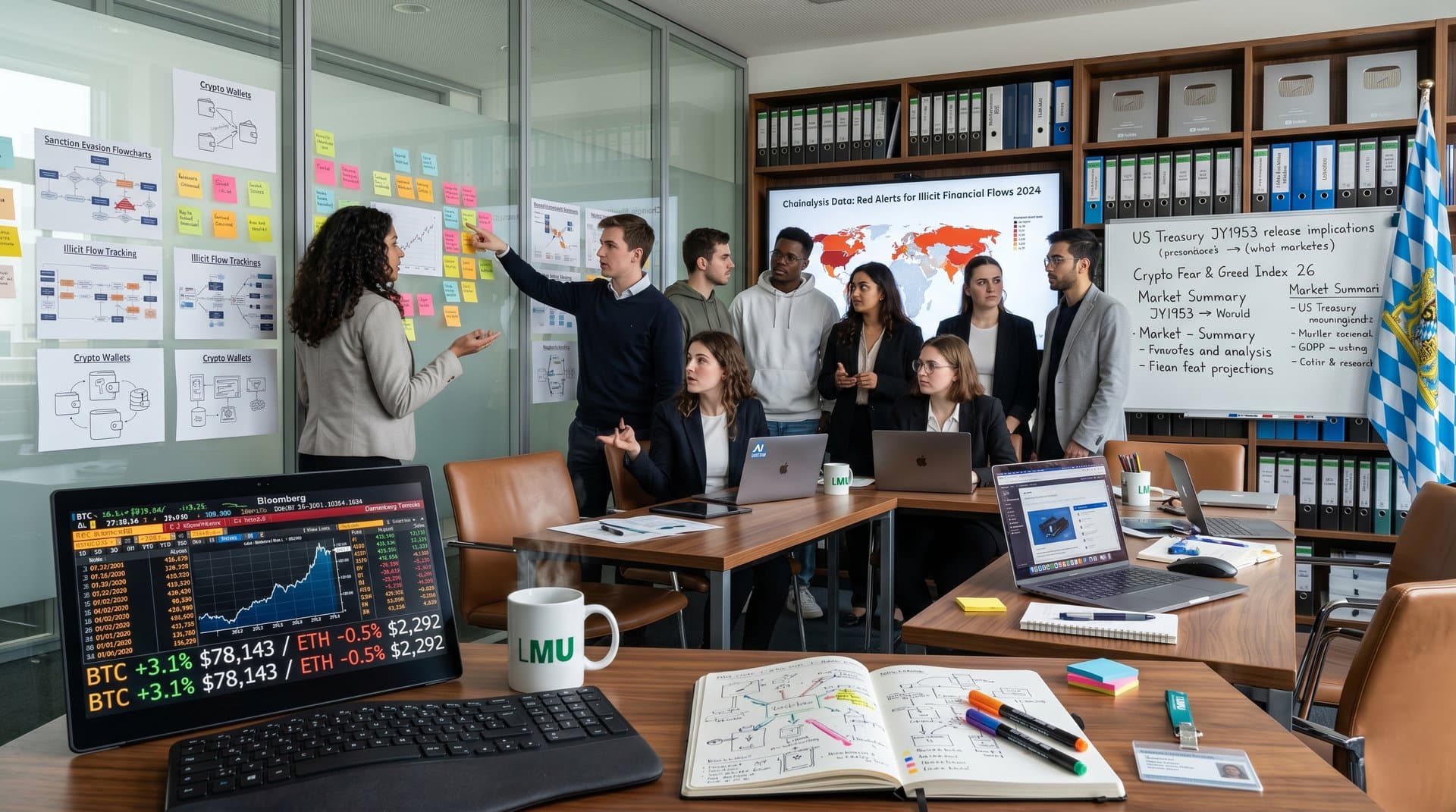 LMU-Seminarraum: Professor und Studenten diskutieren Krypto Sanktionsumgehung an Bloomberg-Terminals