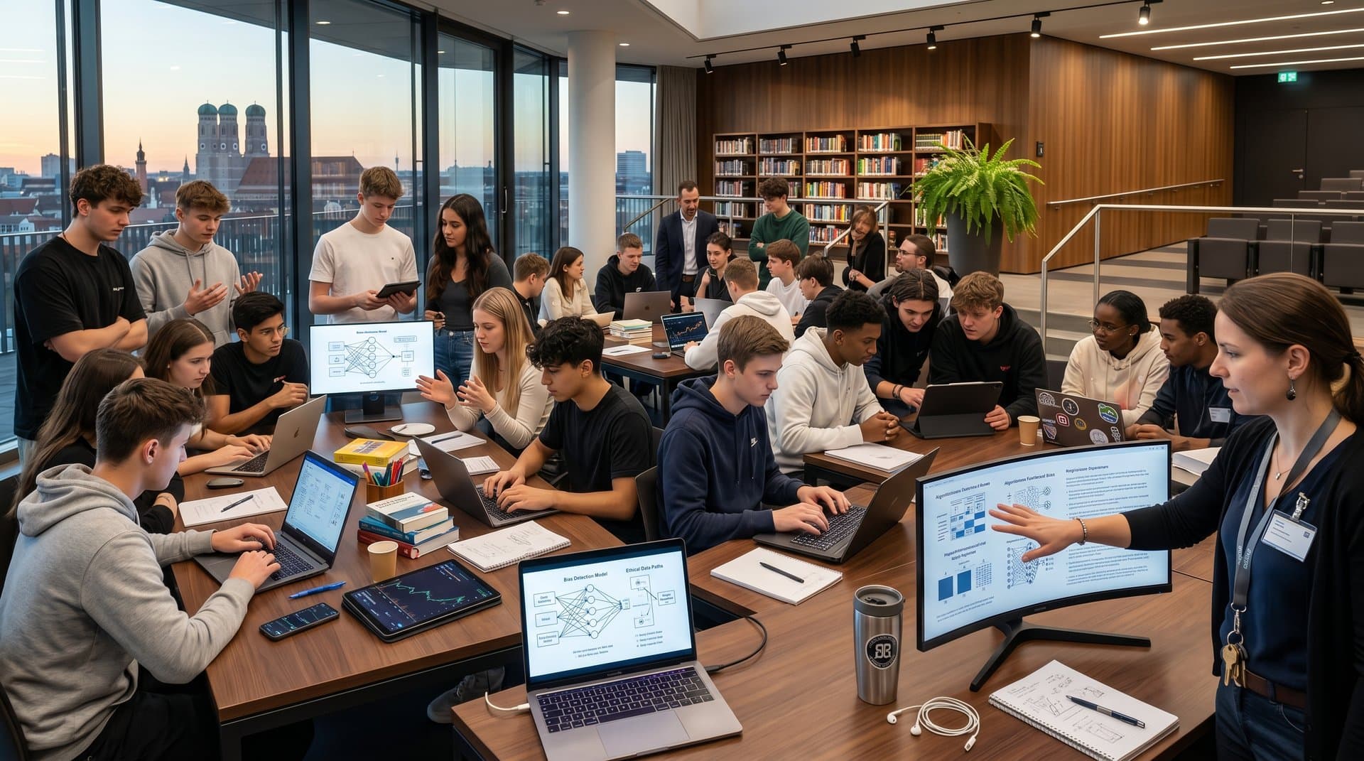 Auszubildende in Weilerschule München debattieren KI-Ethik vor Monitor mit Flowcharts und Crypto-Daten in heller Aula