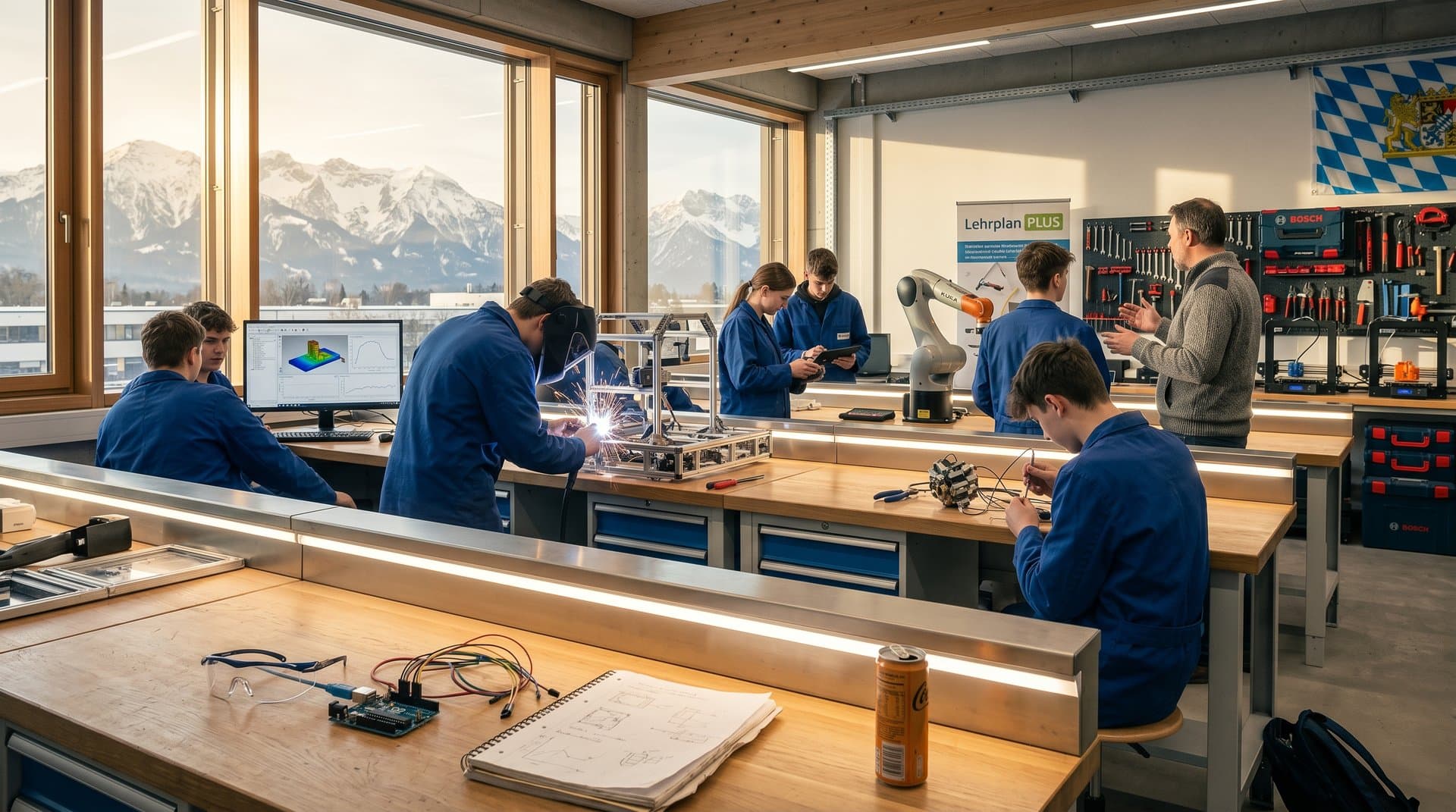 Schüler in Weilerschule München-Werkstatt bauen Robotik-Prototypen mit KI-Simulationen