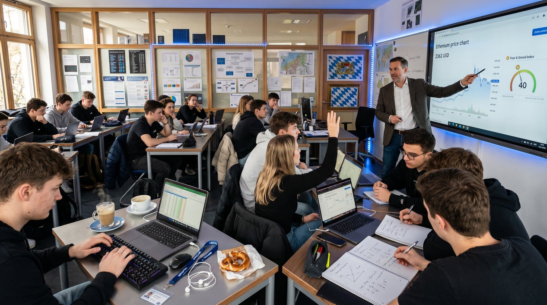 Digitales Klassenzimmer mit Ethereum-Preis-Charts und Volatilitätsanalyse an der Weilerschule München