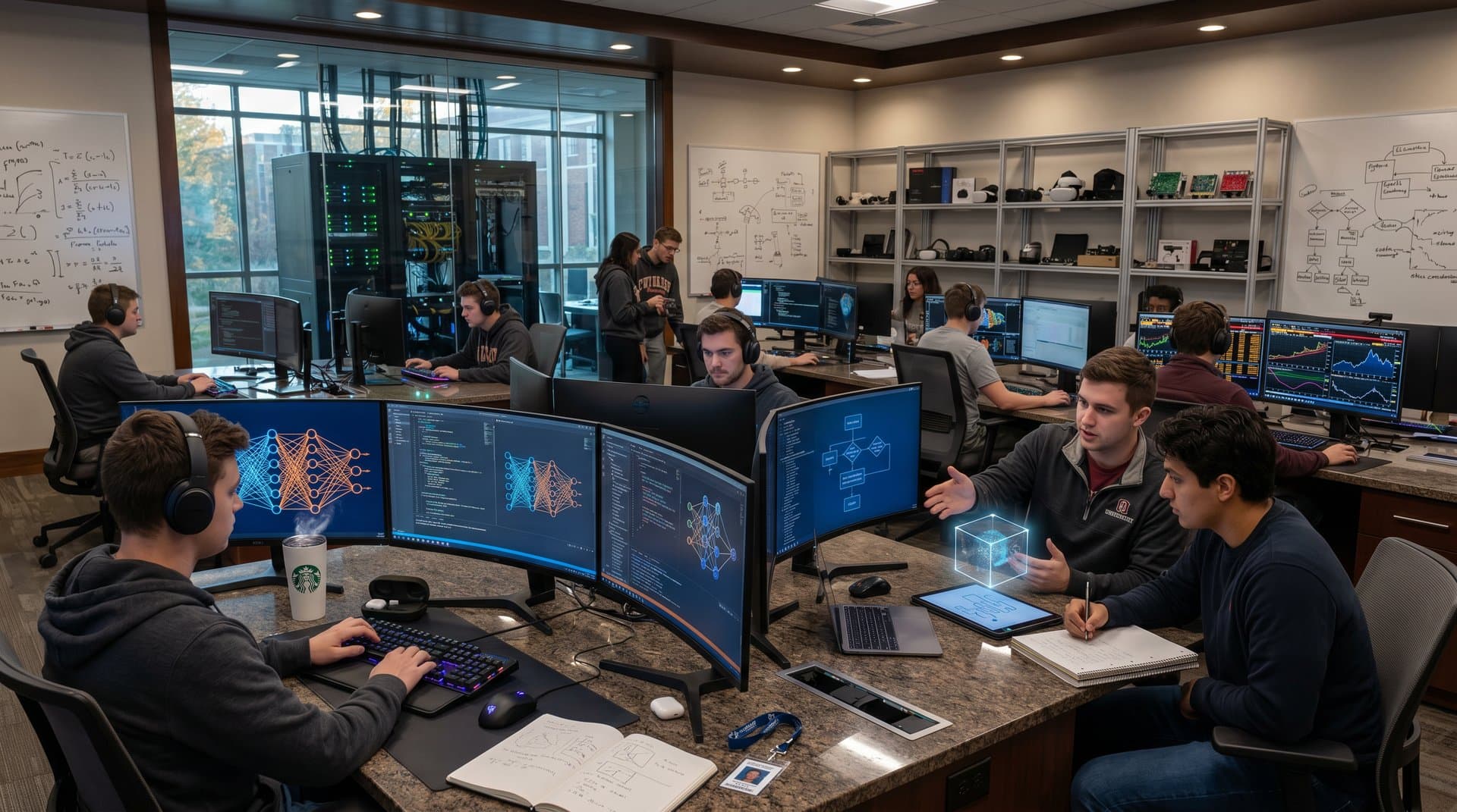 Modernes EdTech-Labor mit KI-Visuals, Multi-Monitor-Setups und BTC-Marktchart bei 79k USD