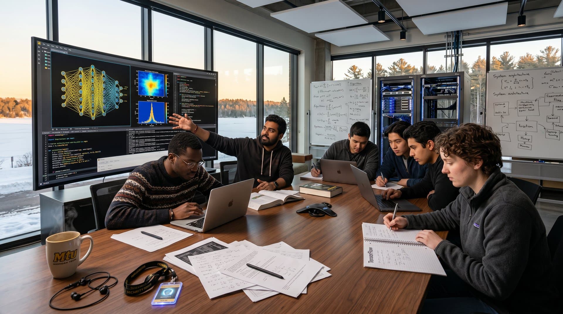Studenten im KI-Labor der Michigan Tech diskutieren Algorithmen vor Multi-Monitor-Setup