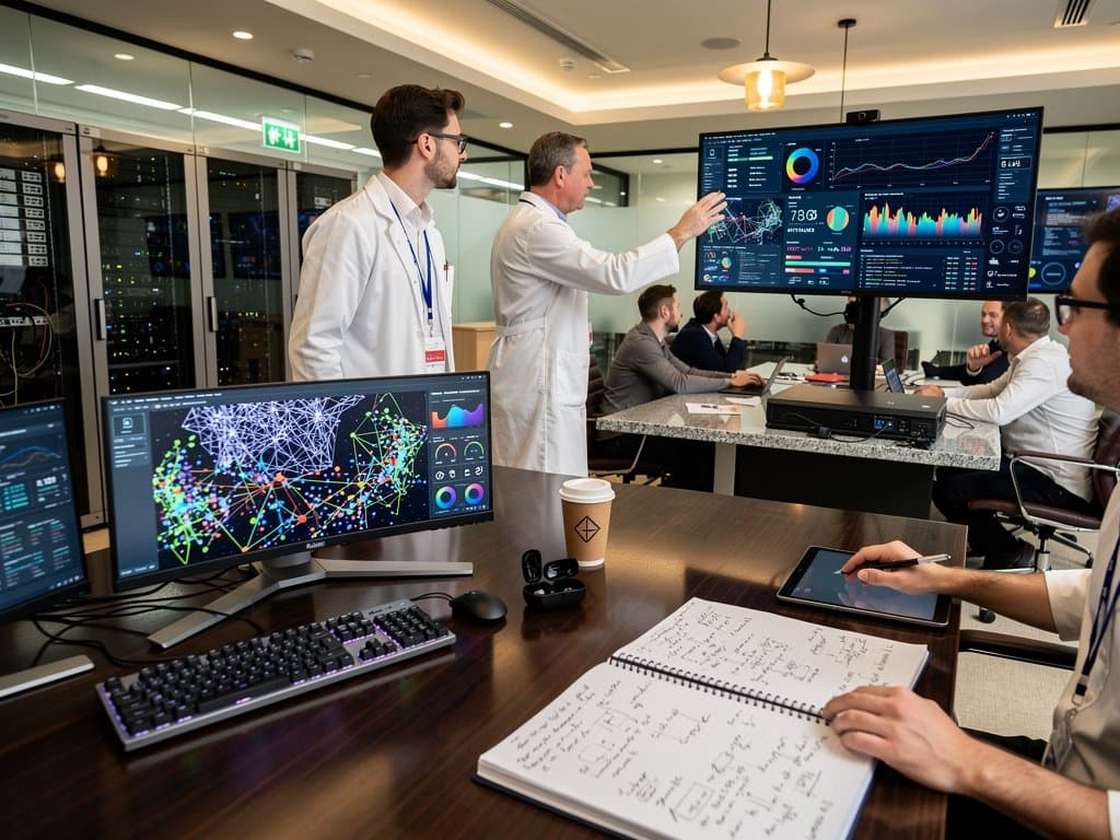 Forscher am DeepMind Lab analysieren KI-Daten auf Multi-Monitor-Setups mit Bloomberg Terminalen und neuralen Netz-Grafiken in modernem Großraum