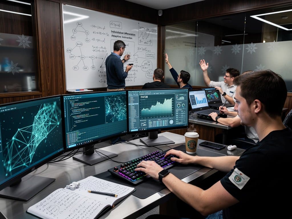 KI-Labor an Universität mit Monitoren zu neuronalen Netzen, Code-Tastaturen und Lernalgorithmen in techiger Lernumgebung