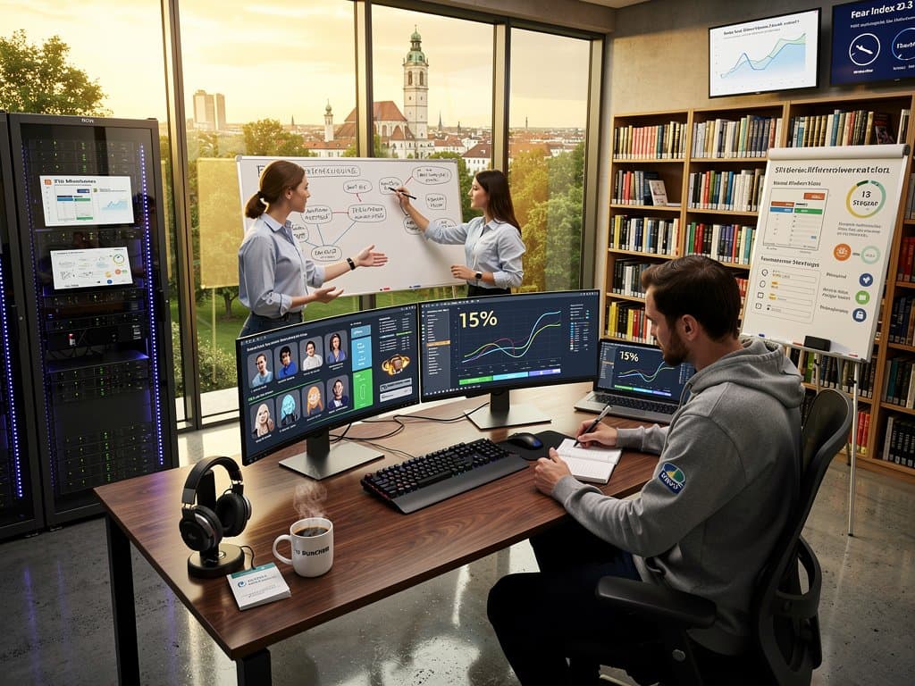 TU München KI-Labor: Monitore mit Lernpfaden, Graphen zu 15% Steigerung und Whiteboard-Diagrammen zur strukturierten KI-Nutzung