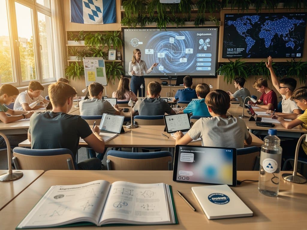 Bayerisches Gymnasium-Klassenzimmer mit Tablets, KI-Tools und Digitalpakt-Elementen