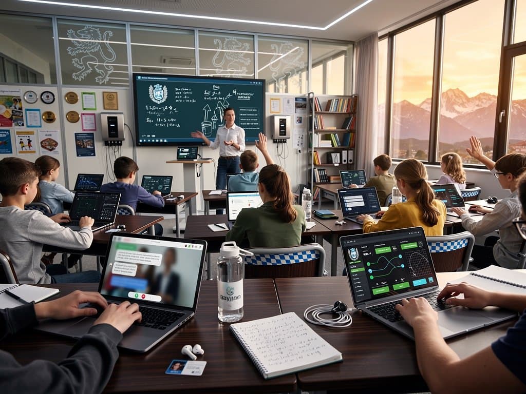 Bayerisches Klassenzimmer mit KI-Tools und Tablets für personalisiertes Lernen in München