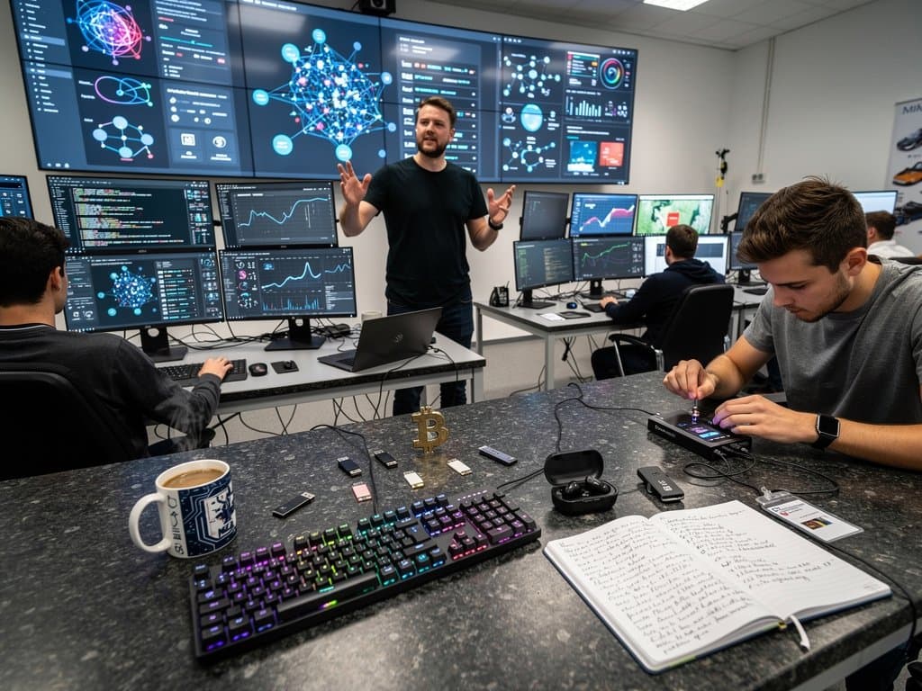 Leeres TU München Cybersecurity-Labor mit Blockchain-Graphen auf Monitoren, forensischen Tools auf Tisch, Server-Racks und Münchner Skyline – Tech-Hub für Krypto-Forensik-Ausbildung