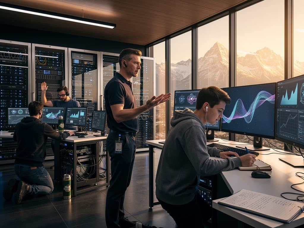 Forensik-Analysten und Berufsschüler in Münchner Data-Center analysieren Blockchain-Transaktionen auf High-End-Monitoren unter LED-Beleuchtung mit Alpenblick