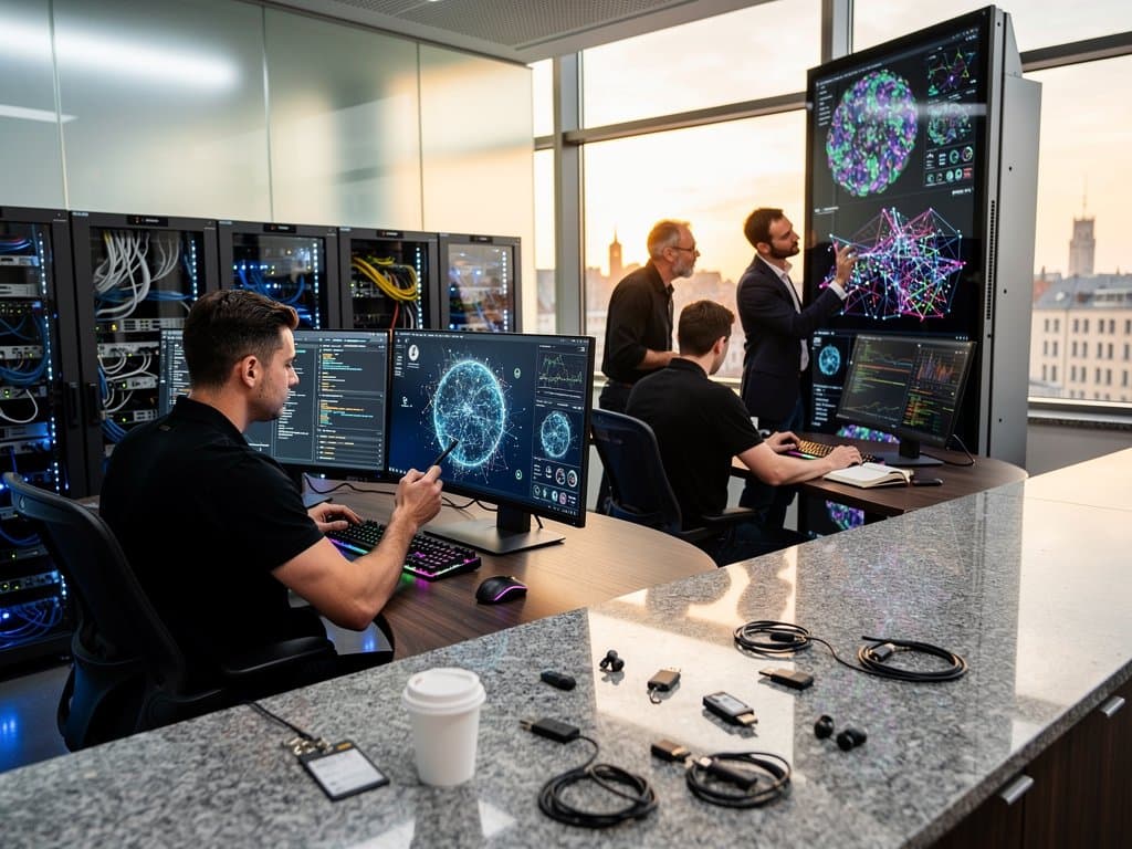 Cyber-Forensik-Labor mit Blockchain-Analysen und Krypto-Heatmaps in modernem Münchner EdTech-Setup