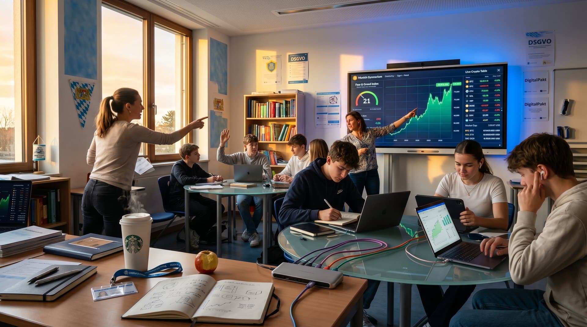 Münchner Klassenzimmer: Lehrerin erklärt KI-Tools an BTC-Charts und Crypto-Tabelle vor interaktiver Tafel