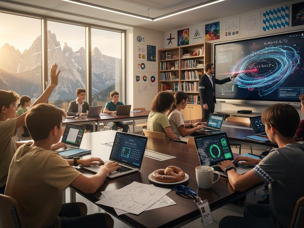 KI im bayerischen Klassenzimmer: Schüler mit Tablets und Lehrer am Smartboard
