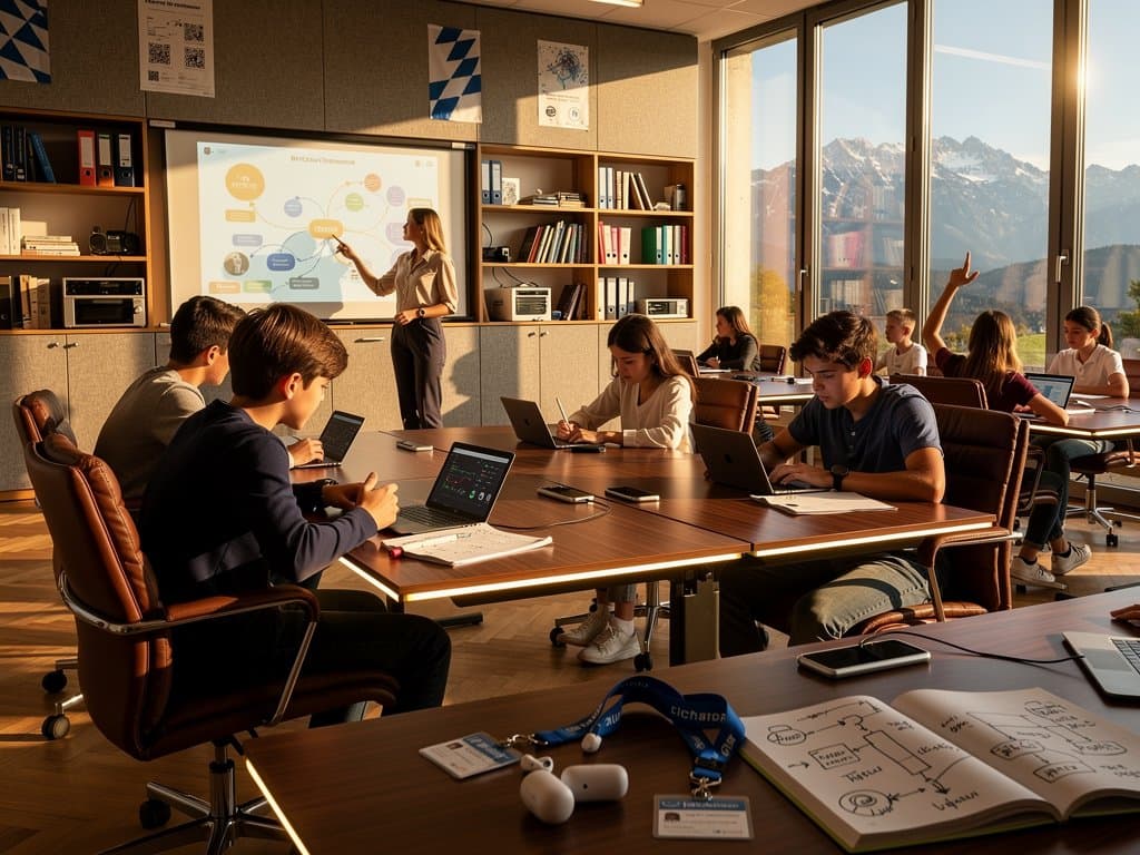 Bayerisches Klassenzimmer in München mit KI-Tools auf Tablets und Whiteboards für personalisiertes Lernen