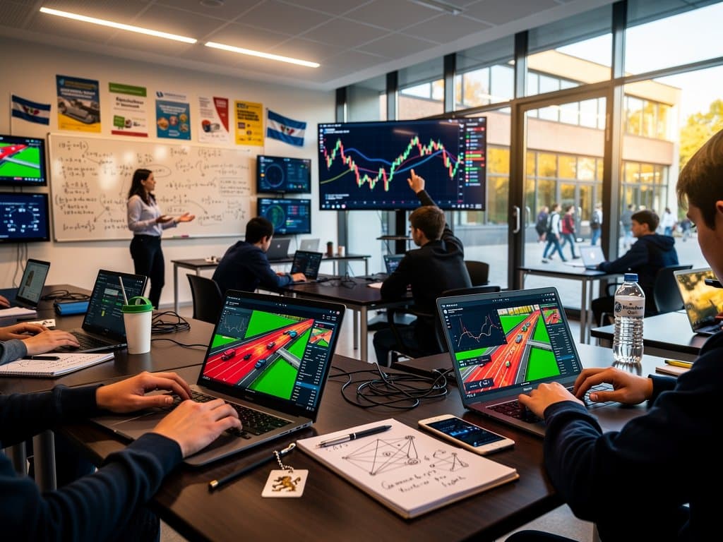 AI-Dashboards mit Verkehrsdaten in bayerischem Schulklassezimmer, BayernVerkehr-Heatmaps und Prognosen