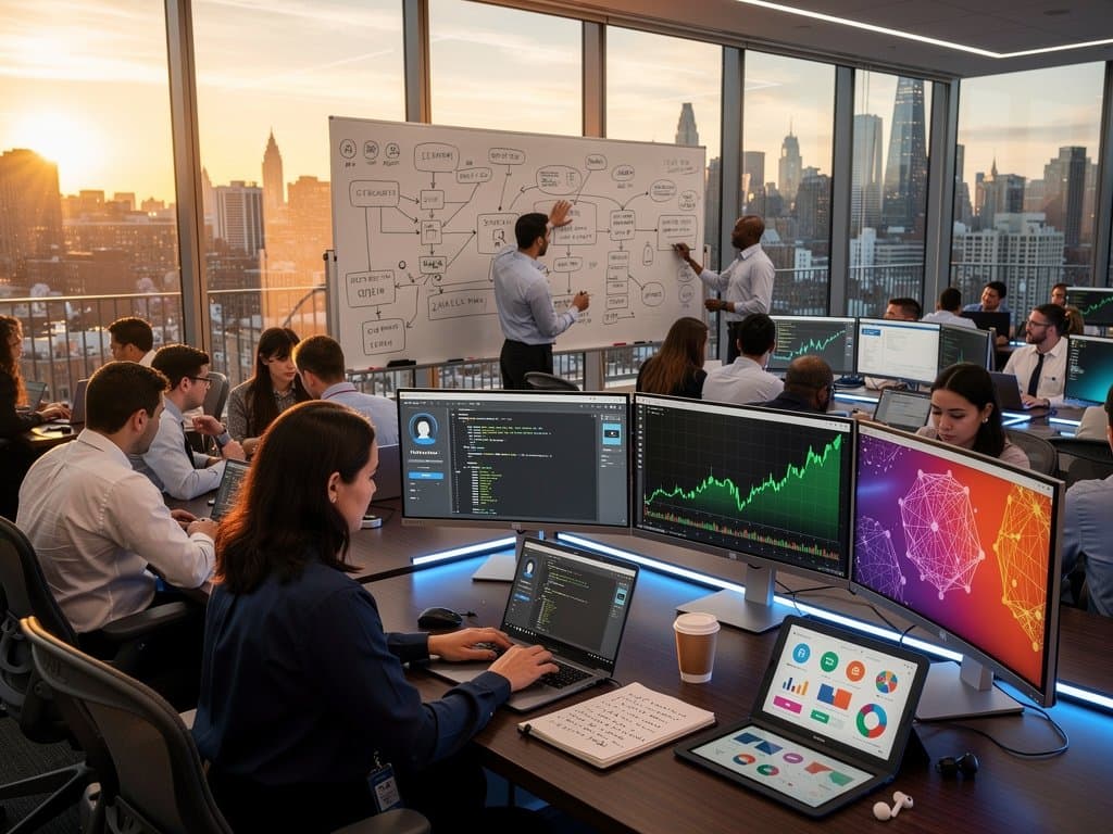 Staatsbedienstete in modernem KI-Trainingsraum mit Monitoren, Whiteboard und Skylineblick auf Manhattan bei Cornell Tech