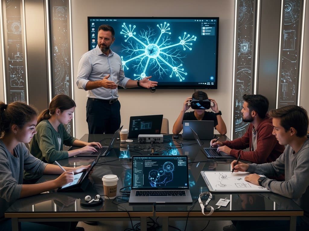 Münchner Klassenzimmer mit AI-Tools, interaktiver Tafel und Stadtblick