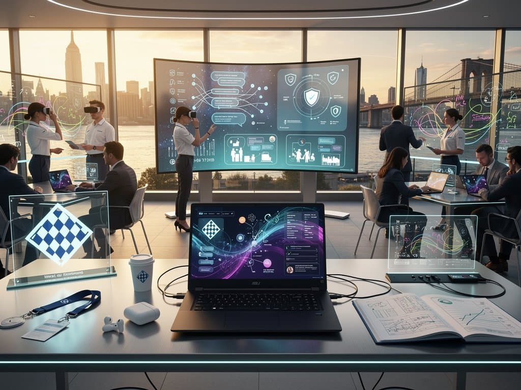 KI-Training in New York: Laptop mit Skyline und EdTech-Tools für bayerische Bildung