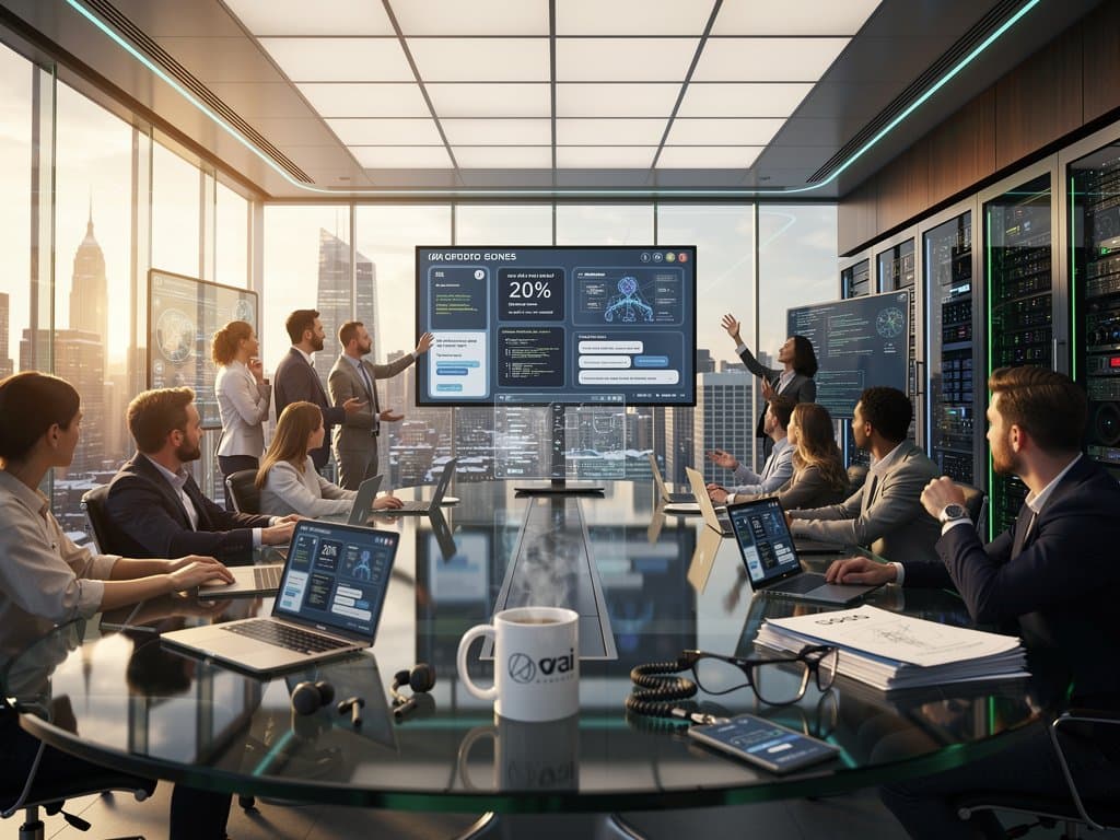 KI-Trainingslabor mit Monitoren, OLED-Wänden und EdTech-Tools vor Skyline