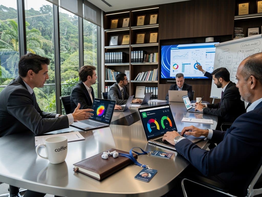 Konferenzraum mit Tech-Setup zu UNESCO KI-Observatorium, Ethik-Diagrammen und Bildungsdokumenten