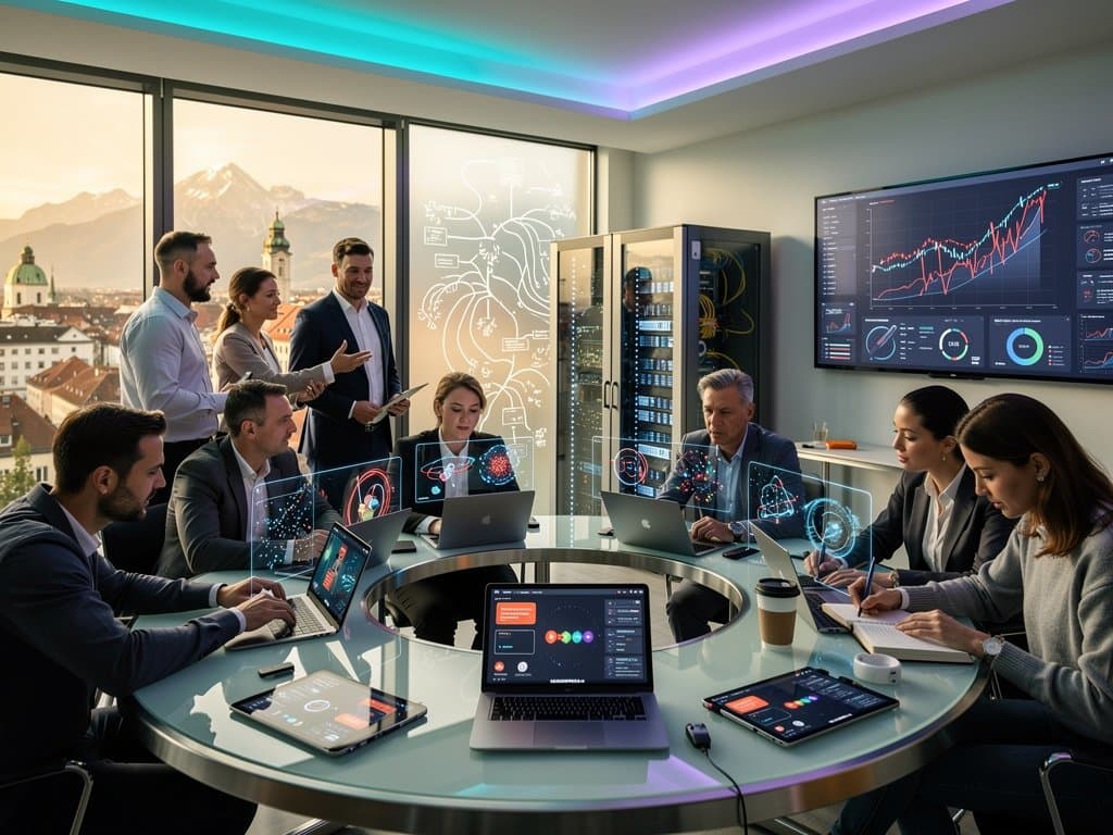 Abstraktes AI-STEM-Labor in München mit Simulationen, Servern und Skyline